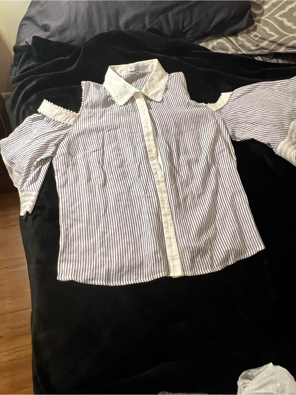 Current Air Striped Cold-Shoulder Button-Up Top in Blue and White